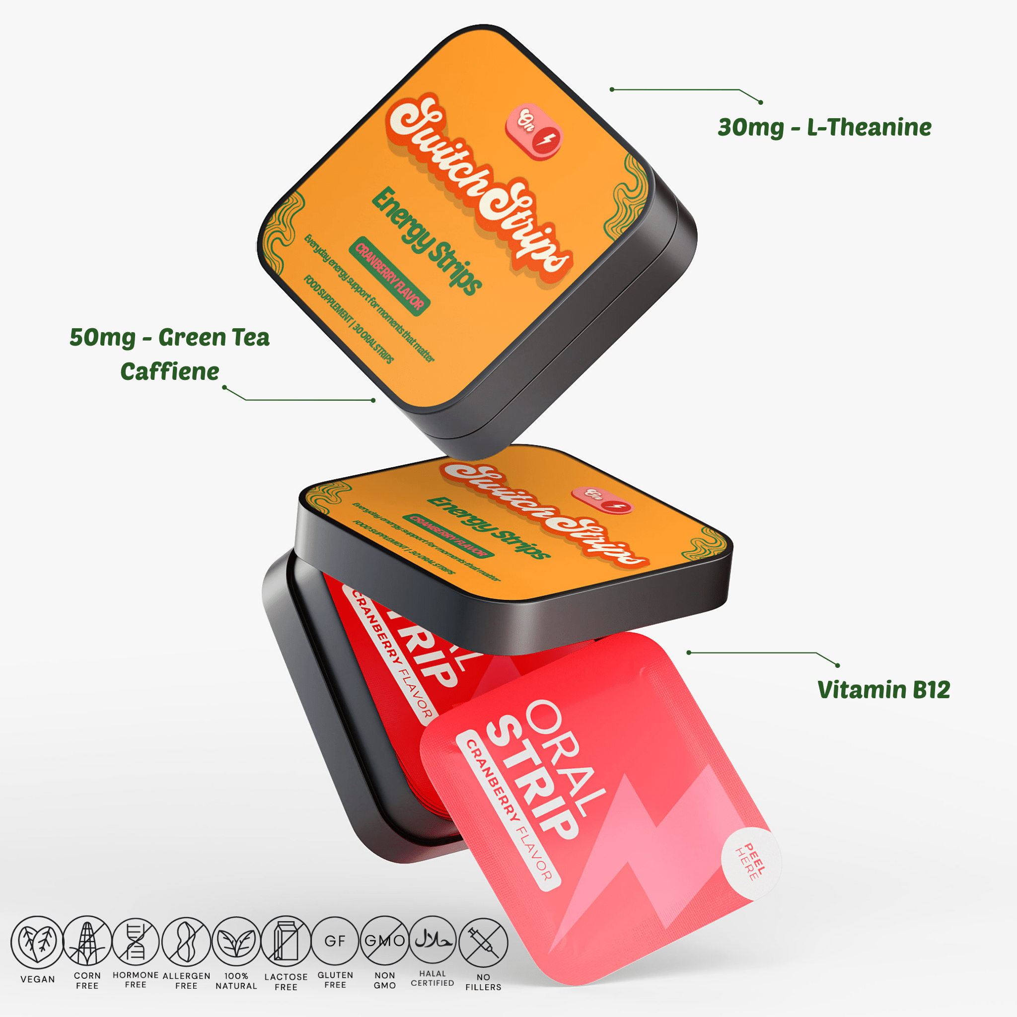 Energy Support Strips — with Green Tea Caffeine, L - Theanine & Vitamin B12 - Switch Strips